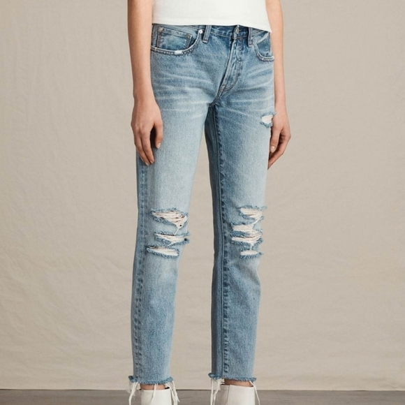 All Saints Denim - All Saints Muse Destroyed Jeans, Medium Wash, Frayed Hem Size 25